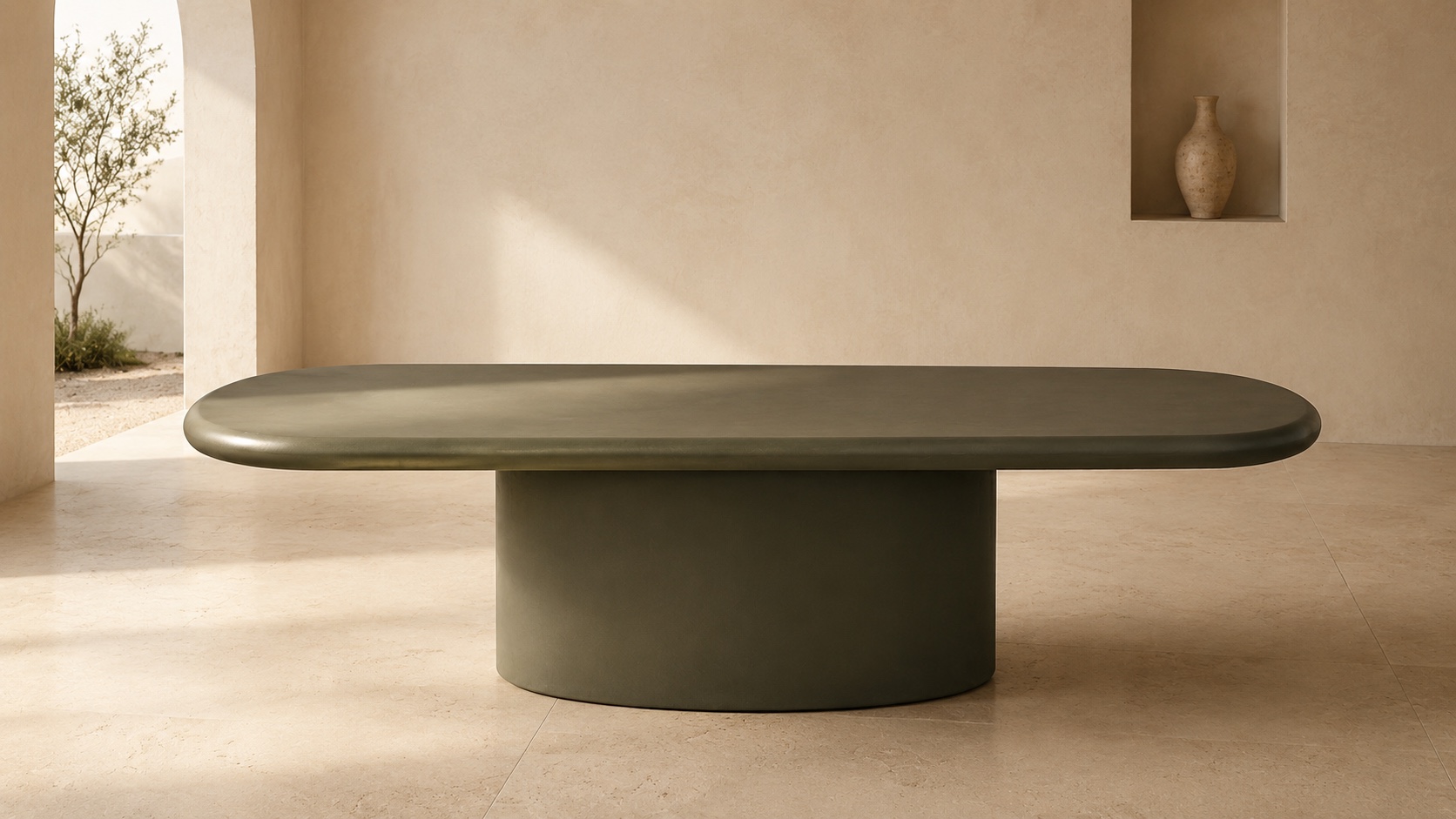 Grande table basse en Mortex vert olive, dans un intérieur minimaliste aux tons sable